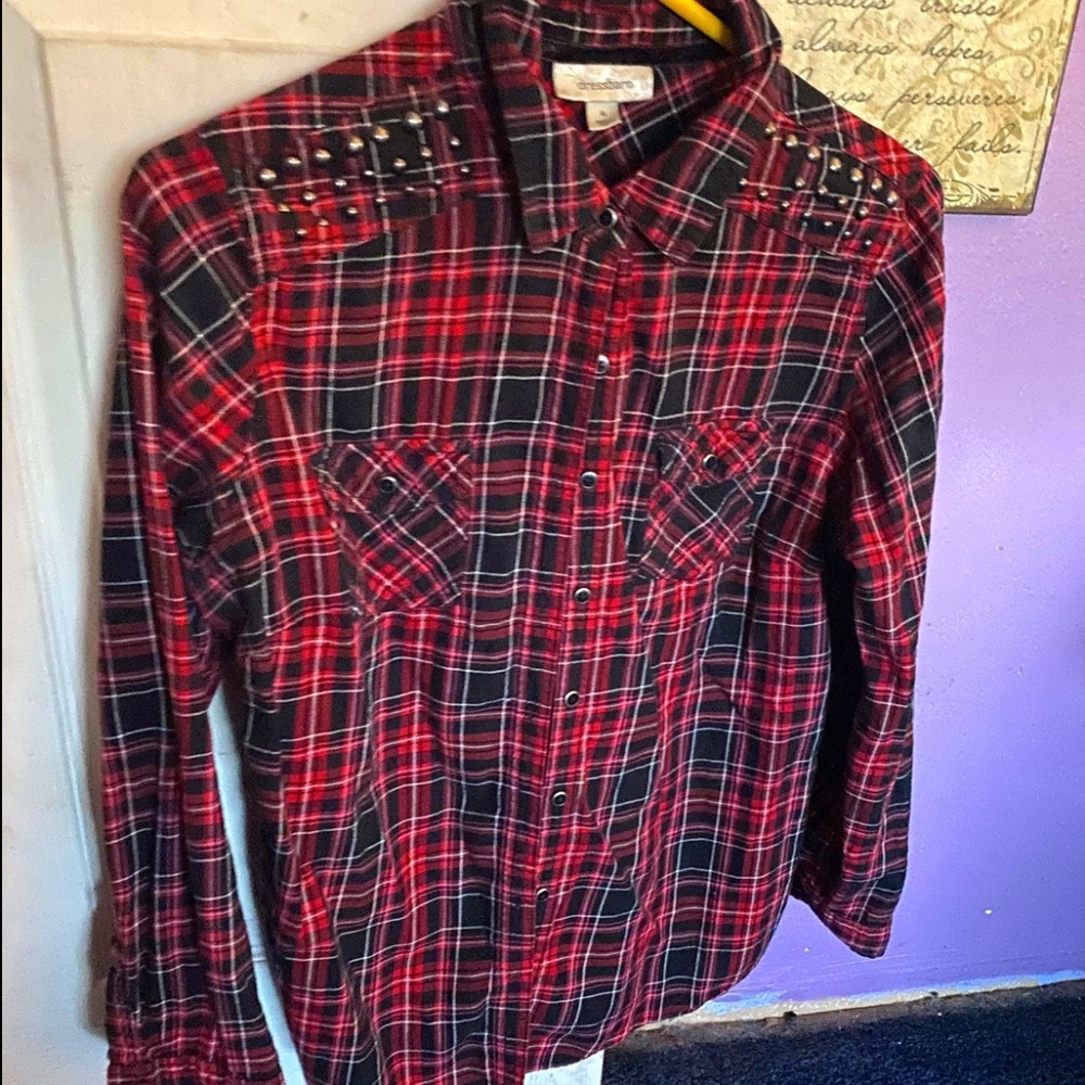 Medium Red and Black Plaid Shirt with Rhinestones